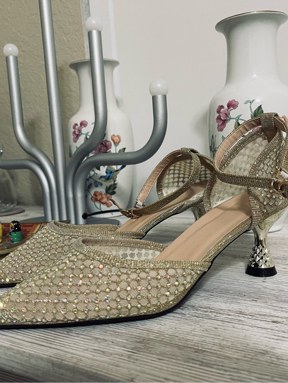 Gold Evening Slingback Pumps with Embellished Mesh